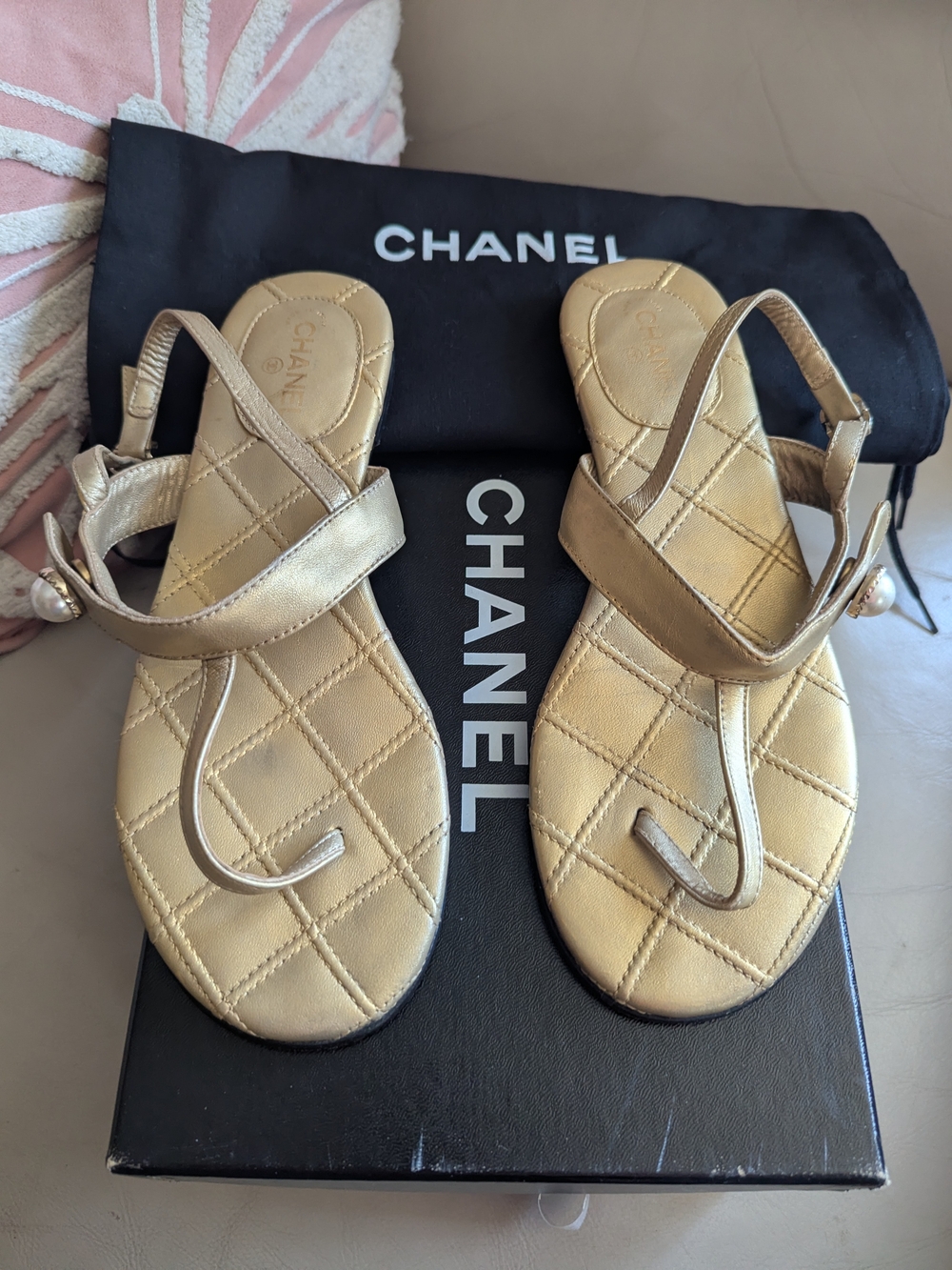 CHANEL Metallic Gold Quilted Leather Slingback Sandals